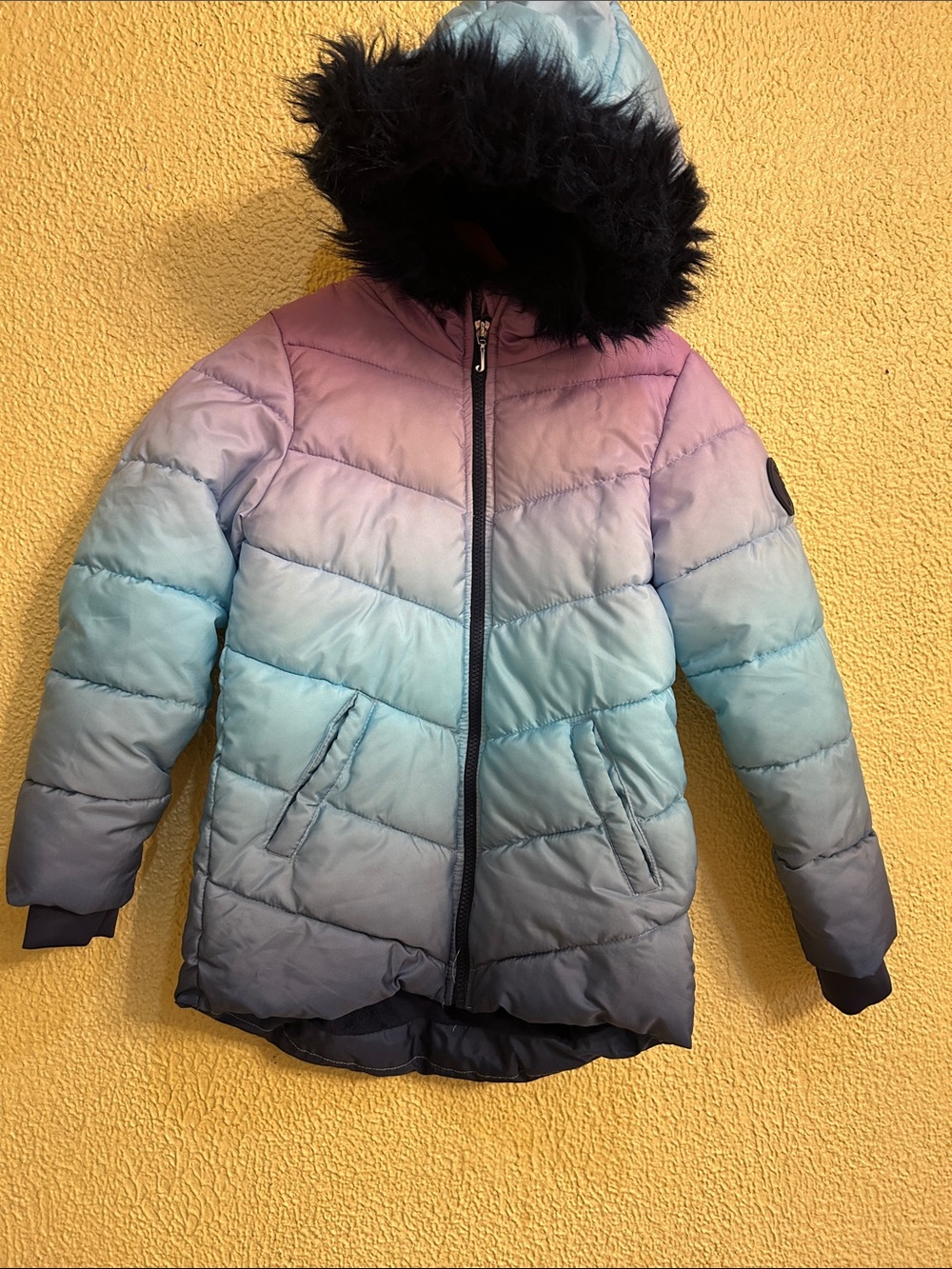 Juicy Couture Ombre Puffer Jacket in Blue and Purple with Faux Fur Hood